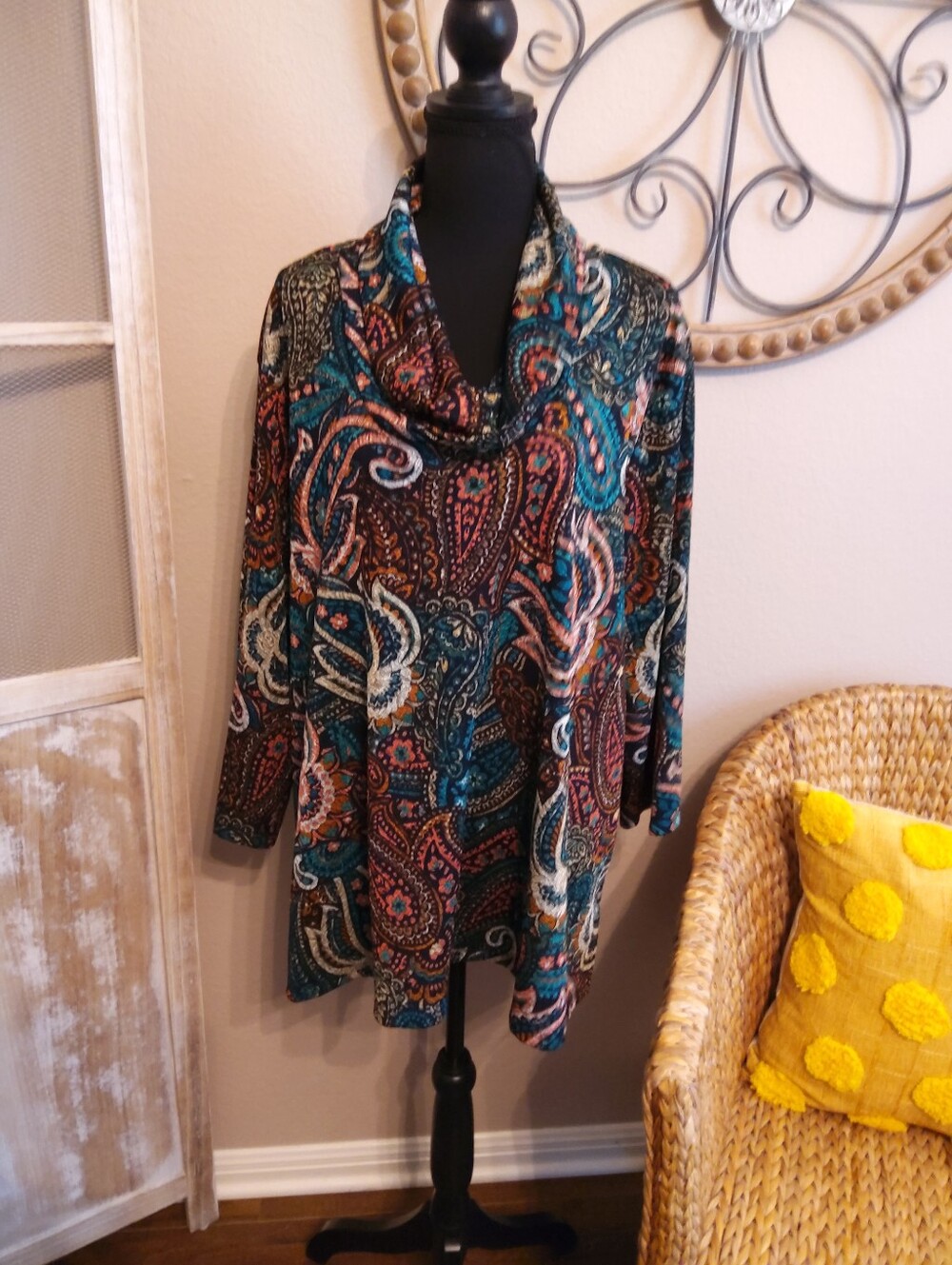 Ruby Rd. Teal Multicolor Paisley Cowl Neck Tunic Top